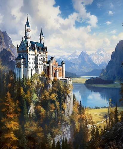 Malen nach Zahlen für Erwachsene,Anfänger,Land Schloss Wald Landschaft,digitales Malen,Malen-nach-Zahlen-Set auf Leinwand,Geschenke,Home Deko,40x50cm rahmenlos von Wallphantom