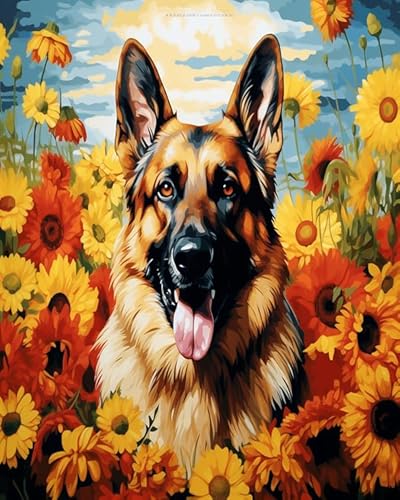 Tier Hund DIY Hand Painted Oil Painting Kit for Beginners and Adults,Deutscher Schäferhund und Blumen,Painting by Numbers Adult for Home Decoration Birthday Christmas,Gift,40x50cm Without Frame von Wallphantom