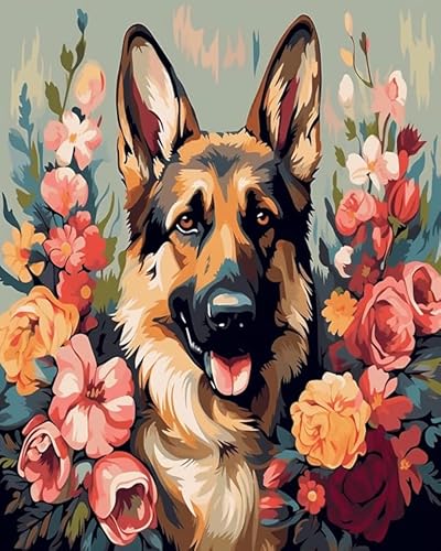 Tier Hund Malen Nach Zahlen Set für Erwachsene,Deutscher Schäferhund und Blumen,Malen Nach Zahlen Ölgemälde Set mit Pinseln Acrylpigment Leinwan,Home Wanddeko Wohnzimme,40x50cm Without Frame von Wallphantom