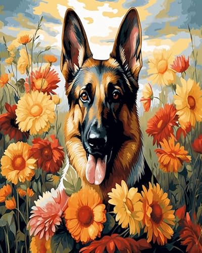 Tier Hund Painting by Numbers Adult,Deutscher Schäferhund und Blumen,DIY Hand-Painted Oil Painting Canvas Kits with Brush and Acrylic Paint as Gifts and Home Decoration,40x50cm Without Frame von Wallphantom