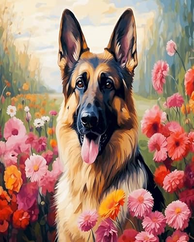 Tier Hund Painting by Numbers for Adults,Deutscher Schäferhund und Blumen,Easy DIY Oil Painting Kit on Canvas with Brushes and Acrylic Pigment,Funny Picture for Beginners,40x50cm Without Frame von Wallphantom