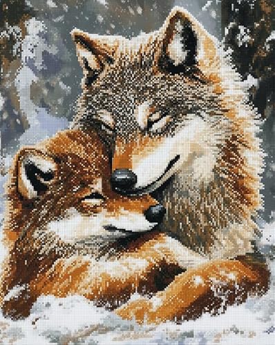 Tier Wolf und Jungtier Cross Stitch Stamped Kits,Verschneiter Wald,Cross-Stitch Complete Kit Handicraft For Living Room Wall Home Decor,16x20in Cross Stitch von Wallphantom