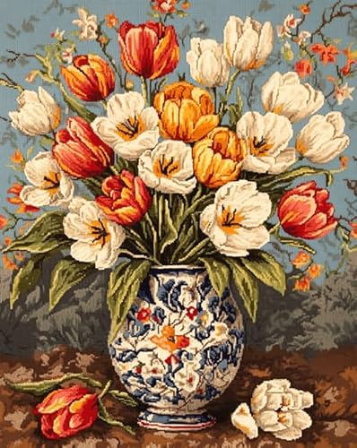 Vase DIY Cross Stitch 11CT Embroidery Kits,Wunderschöne Tulpenblüten,Needlework Craft Set Printed Canvas Cotton Thread Home Decoration For Wall,16x20in von Wallphantom