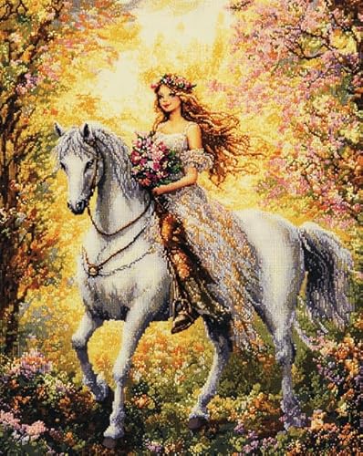 Wald Cross Stitch Stamped Kits,Mädchen reitet auf einem Pferd,Cross-Stitch Complete Kit Handicraft For Living Room Wall Home Decor,16x20in Cross Stitch von Wallphantom