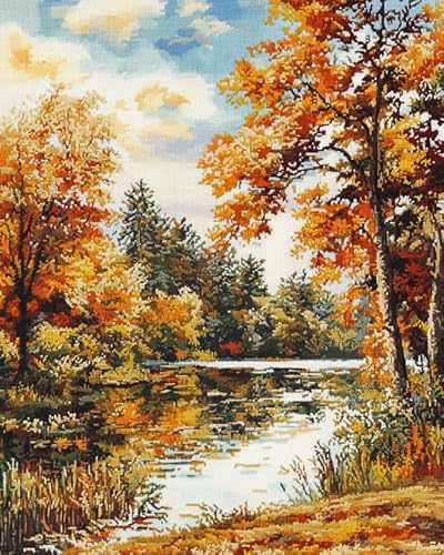 Wallphantom 11CT Gestempelte Kreuzstich-Sets,Herbstliche Waldseelandschaft,Stickerei-Kits,Handarbeitsset,DIY-Kunstwerk für Erwachsene,Kinder,Mädchen,Hauswand,40x50cm von Wallphantom