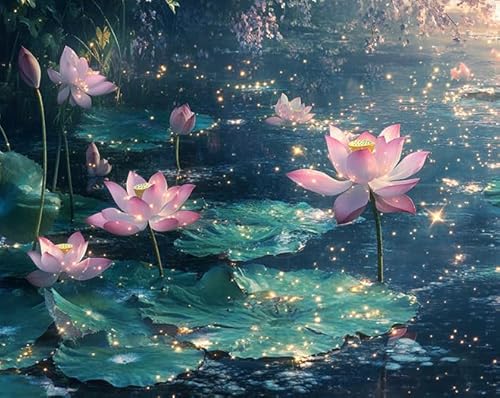 Wallphantom Blick auf den See bei Nacht Kreuzstich-Set zum Selbermachen,blühender Lotus,komplettes Sortiment an vorgedruckten Startersets für Anfänger,11CT stickbilder 40x50cm von Wallphantom