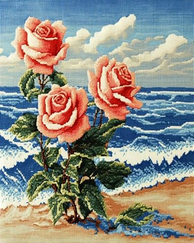 Wallphantom Blumenlandschaft Erwachsene Kreuzstich Stickpackung,Rosen am Strand,Vorgedruckt Kreuzstich Stickpackung Sticken Set für Anfänger,11CT Cross Stitch Kit,40x50cm von Wallphantom