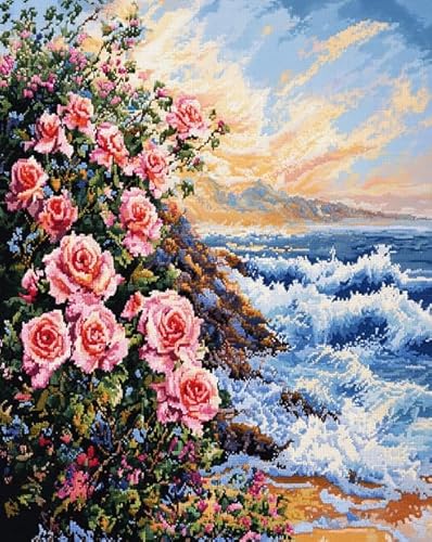 Wallphantom Blumenlandschaft Kreuzstich Stickpackungen Vorgedruckt Set,Rosen am Strand,Stickbilder Zum Sticken Starter Set FüR Erwachsene AnfäNger,11CT Cross Stitch Kit,40x50cm von Wallphantom