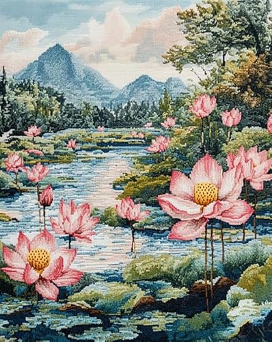 Wallphantom Cross Stitch Stamped Kits,Lotusteichlandschaft,Cross-Stitch Complete Kit Handicraft For Living Room Wall Home Decor,16x20in Cross Stitch von Wallphantom