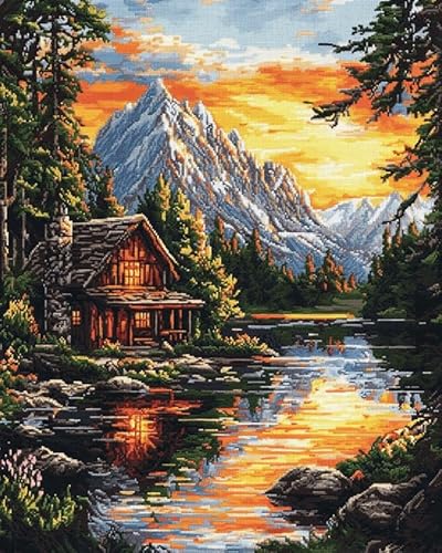 Wallphantom Erwachsene Kreuzstich Stickpackung,Hütte am Sonnenuntergangssee,Vorgedruckt Kreuzstich Stickpackung Sticken Set für Anfänger,11CT Cross Stitch Kit,40x50cm von Wallphantom