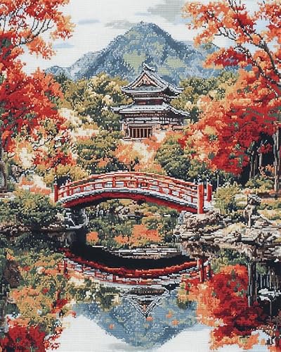 Wallphantom Japanische Landschaft Kreuzstich-Set zum Selbermachen,Pavillon Sakura Park,komplettes Sortiment an vorgedruckten Startersets für Anfänger,11CT stickbilder 40x50cm von Wallphantom