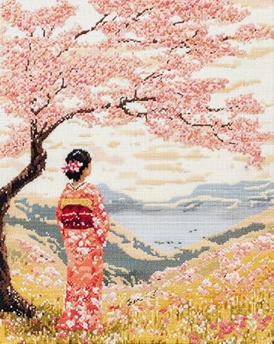 Wallphantom Japanischer Stil Kreuzstich Stickpackungen Vorgedruckt Set,Frau unter Kirschblütenbaum,Stickbilder Zum Sticken Starter Set FüR Erwachsene AnfäNger,11CT Cross Stitch Kit,40x50cm von Wallphantom