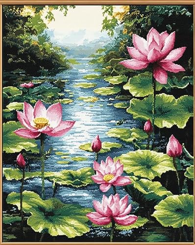 Wallphantom Kreuzstich-Set zum Selbermachen,Lotusteichlandschaft,11CT Vorgedruckt Kreuzstich Stickpackung Sticken Set für Erwachsene Anfänger Cross Stitch,16x20in von Wallphantom