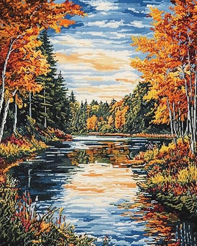 Wallphantom Kreuzstich-Set zum Selbermachen,Wald See Landschaft,11CT Vorgedruckt Kreuzstich Stickpackung Sticken Set für Erwachsene Anfänger Cross Stitch,16x20in von Wallphantom