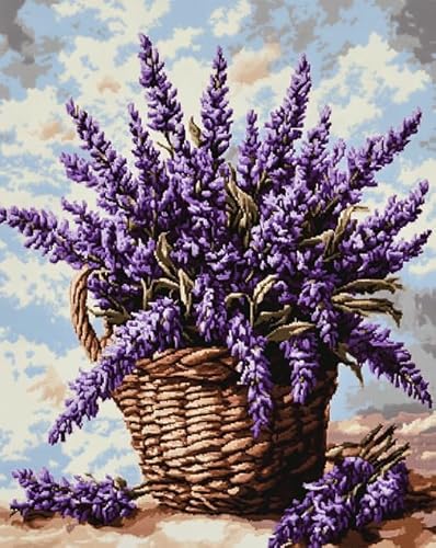 Wallphantom Lila Blumen Cross Stitch Stamped Kits,Lavendelblumenkorb,Cross-Stitch Complete Kit Handicraft For Living Room Wall Home Decor,16x20in Cross Stitch von Wallphantom