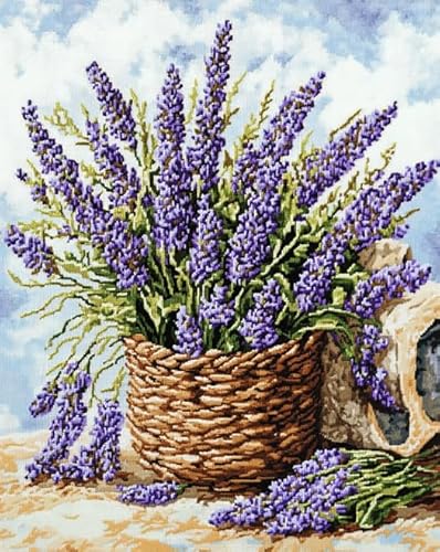 Wallphantom Lila Blumen Stickerei-Kreuzstich-Set für Anfänger und Erwachsene,Lavendelblumenkorb,Stickerei-Kits,11CT Handarbeitsset,DIY-Kunstwerk Hauswand 16X20in von Wallphantom