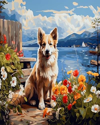 Wallphantom Malen Nach Zahlen Set für Erwachsene,Tiere Hunde zwischen den Blumen,Malen Nach Zahlen Ölgemälde Set mit Pinseln Acrylpigment Leinwan,Home Wanddeko Wohnzimme,40x50cm Without Frame von Wallphantom