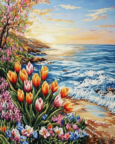 Wallphantom Strand am Meer 11CT Kreuzstich-Set,Tulpenblüten,Anfängerfreundliches Stickset DIY Vorgedruckt Kreuzstich Set,Ideal für Heimdekoration,40x50cm von Wallphantom