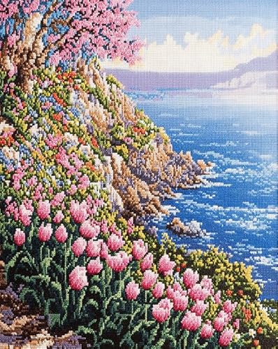 Wallphantom Strand am Meer DIY Stickerei-Kreuzstich-Set,Tulpenblüten,11CT Erwachsene Anfanger Kreuzstich Stickpackungen für Wandkunst-Heimdekoration,16x20in von Wallphantom