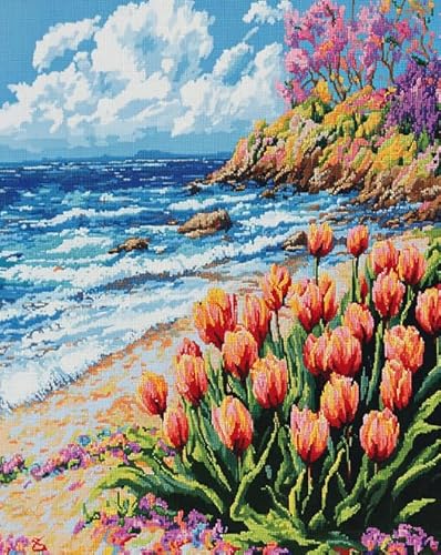 Wallphantom Strand am Meer Erwachsene Kreuzstich Stickpackung,Tulpenblüten,Vorgedruckt Kreuzstich Stickpackung Sticken Set für Anfänger,11CT Cross Stitch Kit,40x50cm von Wallphantom