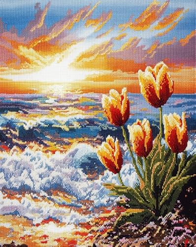 Wallphantom Strand am Meer Kreuzstich-Set zum Selbermachen,Tulpenblüten,11CT Vorgedruckt Kreuzstich Stickpackung Sticken Set für Erwachsene Anfänger Cross Stitch,16x20in von Wallphantom