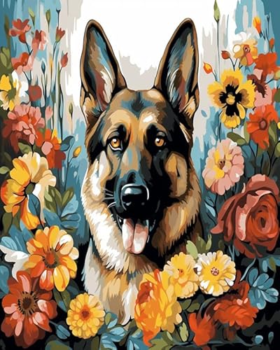 Wallphantom Tier Hund Malen Nach Zahlen Erwachsene,Deutscher Schäferhund und Blumen,DIY Handgemalt Ölgemälde Leinwand Kits,Malen nach Zahlen für Geschenke,Home Deko,40x50cm Without Frame von Wallphantom