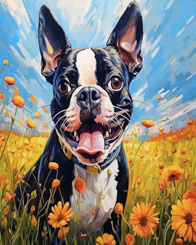 Wallphantom Tier Hund Malen nach Zahlen für Erwachsene,Anfänger,Boston Terrier Hund zwischen Blumen,digitales Malen,Malen-nach-Zahlen-Set auf Leinwand,Geschenke,Home Deko,40x50cm Without Frame von Wallphantom