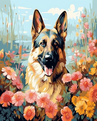 Wallphantom Tier Hund Malen nach Zahlen für Erwachsene,Anfänger,Deutscher Schäferhund und Blumen,digitales Malen,Malen-nach-Zahlen-Set auf Leinwand,Geschenke,Home Deko,40x50cm Without Frame von Wallphantom