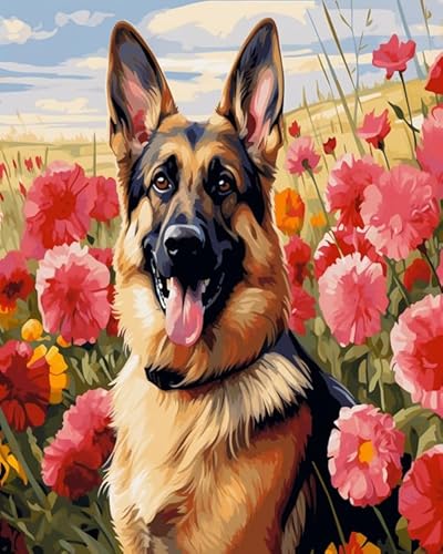 Wallphantom Tier Hund malen nach zahlen anfänger erwachsene,Deutscher Schäferhund und Blumen,Paint by Numbers,Handgemalt Ölgemälde Leinwand Bastelset für Geschenk,40x50cm Without Frame von Wallphantom