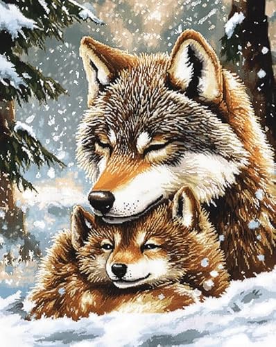 Wallphantom Tier Wolf und Jungtier DIY Stickerei-Kreuzstich-Set,Verschneiter Wald,11CT Erwachsene Anfanger Kreuzstich Stickpackungen für Wandkunst-Heimdekoration,16x20in von Wallphantom