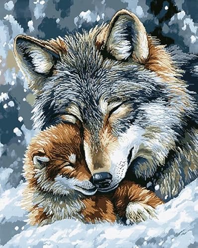 Wallphantom Tier Wolf und Jungtier Stickerei-Kreuzstich-Set für Anfänger und Erwachsene,Verschneiter Wald,Stickerei-Kits,11CT Handarbeitsset,DIY-Kunstwerk Hauswand 16X20in von Wallphantom