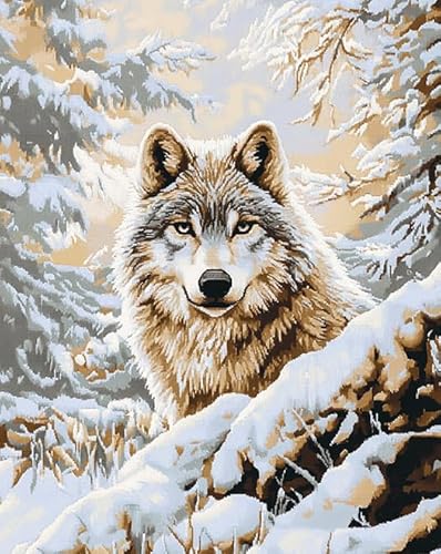 Wallphantom Verschneiter Wald Stickerei-Kreuzstich-Set,Tier Wolf,Vorgedruckt Kreuzstich Set 11CT Stickbilder Zum Sticken Starter Set FüR Erwachsene Kinder AnfäNger,40x50cm von Wallphantom