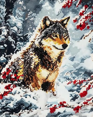 Wallphantom Verschneiter Wald Vorgedruckt Kreuzstich Set,Tier Wolf,DIY Cross Stitch Stickpackung Craft Handarbeiten Vorgedruckter Stickerei-Starter-Kit für Anfänger,16x20in von Wallphantom