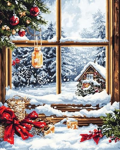 Wallphantom Weihnachten Malen nach Zahlen für Erwachsene,Anfänger,Schneeszene auf der Fensterbank,digitales Malen,Malen-nach-Zahlen-Set auf Leinwand,Geschenke,Home Deko,40x50cm rahmenlos von Wallphantom