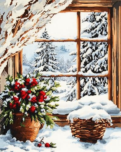 Wallphantom Weihnachten Painting by Numbers for Adults,Schneeszene auf der Fensterbank,Easy DIY Oil Painting Kit on Canvas with Brushes Pigment,Funny Picture for Beginners,40x50cm rahmenlos von Wallphantom