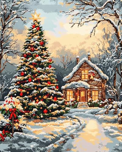 Wallphantom Weihnachtsschneeszene DIY Oil Painting Kit for Beginners and Adults,Weihnachtsbaumhaus,Painting by Numbers Adult for Home Decoration Birthday Christmas,Gift,40x50cm rahmenlos von Wallphantom