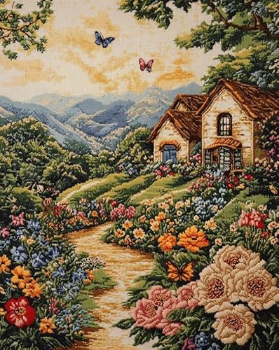 Wallphantom ländliche Landschaft Kreuzstich-Set zum Selbermachen,Pfingstrosen-Herrenhaus,11CT Vorgedruckt Kreuzstich Stickpackung Sticken Set für Erwachsene Anfänger Cross Stitch,16x20in von Wallphantom