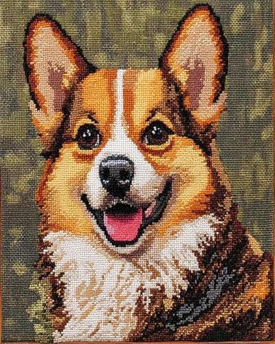 Wallphantom süßer Tierhund Kreuzstich Stickpackungen Vorgedruckt,Corgi,DIY Sticken Nadelarbeit Set Erwachsene Kreuzstich 11CT für Anfänger Home Decor,40x50cm von Wallphantom