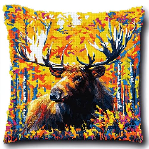 Herbstliche Waldlandschaft cross stitch cushion Kit for Adult Beginner,Tier Elch Cushion Needlework Kit with Embroidery Pattern on Cotton Canvas Holiday,Gift Kits 18x18in von WallustrioaW