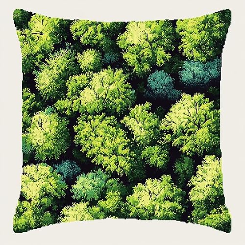 Landschaft Cross Stitch Pillow Kit,dichter Wald DIY Cushion Embroidery Kit 45x45cm Needlepoint Handmade Needlework Cushion Kit von WallustrioaW