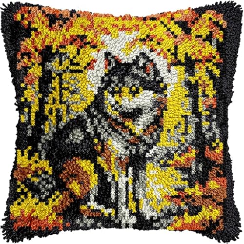 Tier DIY knüpfen set kissen,Wolf im Wald,knüpfhaken set Kissenbezug Häkelgarn Nadel Basteln,handgefertigtes Kissen für Zuhause,Sofa-Dekoration,43x43cm von WallustrioaW