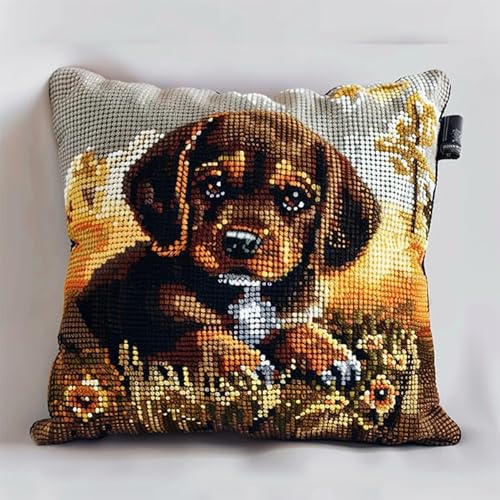 Tierhund cross stitch cushion Kit for Adult Beginner,süßer Welpe Cushion Needlework Kit with Embroidery Pattern on Cotton Canvas Holiday,Gift Kits 18x18in von WallustrioaW