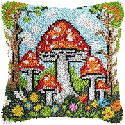 Waldlandschaft Knüpfkissen-Set,bunte Pilze,für Kinder oder Anfänger Erwachsene zum Selber Knüpfen,DIY Knüpfteppich Knüpfpackung,Knüpfhaken Set,43x43cm von WallustrioaW