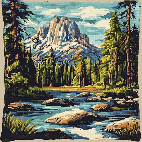 WallustrioaW Blick auf den Park Kreuzstichkissen,Waldgebirgsseen,Kreuzstickpackung vorgedruckt Sticksets Für Erwachsene,Anfänger,45x45cm Kreuzstichkissen/Stickkissen-Set von WallustrioaW