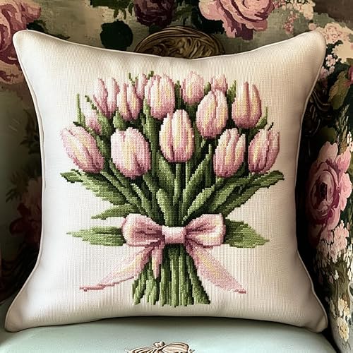 WallustrioaW Blumen Cross Stitch Pillow Kit,Rosa Tulpenstrauß DIY Cushion Embroidery Kit 45x45cm Needlepoint Handmade Needlework Cushion Kit von WallustrioaW