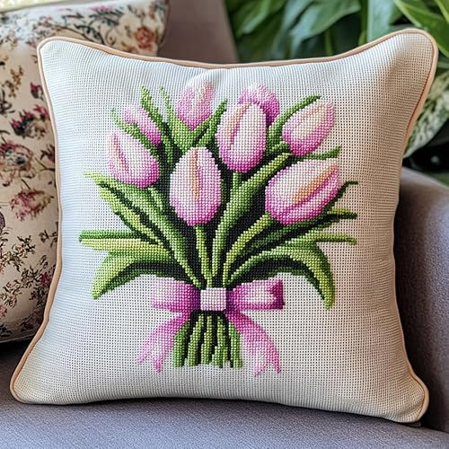 WallustrioaW Blumen DIY Kreuzstichkissen,Rosa Tulpenstrauß,Stickset,Kreuzstich Kissen zum Basteln Stickkissen Stickpackung mit Vorgedruckt Kreuzstichmotiv,45x45cm von WallustrioaW