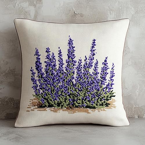 WallustrioaW Blumen DIY Kreuzstichkissen,lila Lavendel,Stickset,Kreuzstich Kissen zum Basteln Stickkissen Stickpackung mit Vorgedruckt Kreuzstichmotiv,45x45cm von WallustrioaW