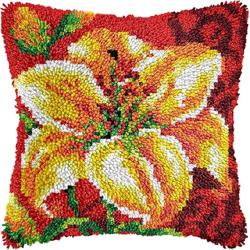 WallustrioaW Blumen DIY Latch Hook Kit,Wunderschöne gelbe Lilien,Throw Cushion Cover,Carpet Knipfteppich Set,Knipfkissen mit Knipfhaken Sofakissen Kissen,43x43cm von WallustrioaW