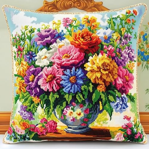 WallustrioaW Blumen Kreuzstich Kissen,11CT Sticken Set,blühender Strauß,Sticksets Für Erwachsene,Anfänger,Kreuzstichkissen/Stickkissen-Set,45x45cm von WallustrioaW