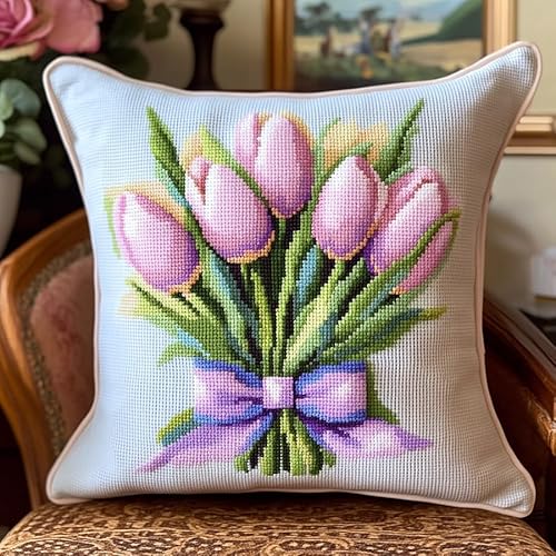 WallustrioaW Blumen Kreuzstich Kissen Set,Rosa Tulpenstrauß,DIY Kreuzstichkissen,Kreuzstich,Handarbeiten Stickerei,Heim-Bastelsets,Sofa-Dekoration,45x45cm von WallustrioaW